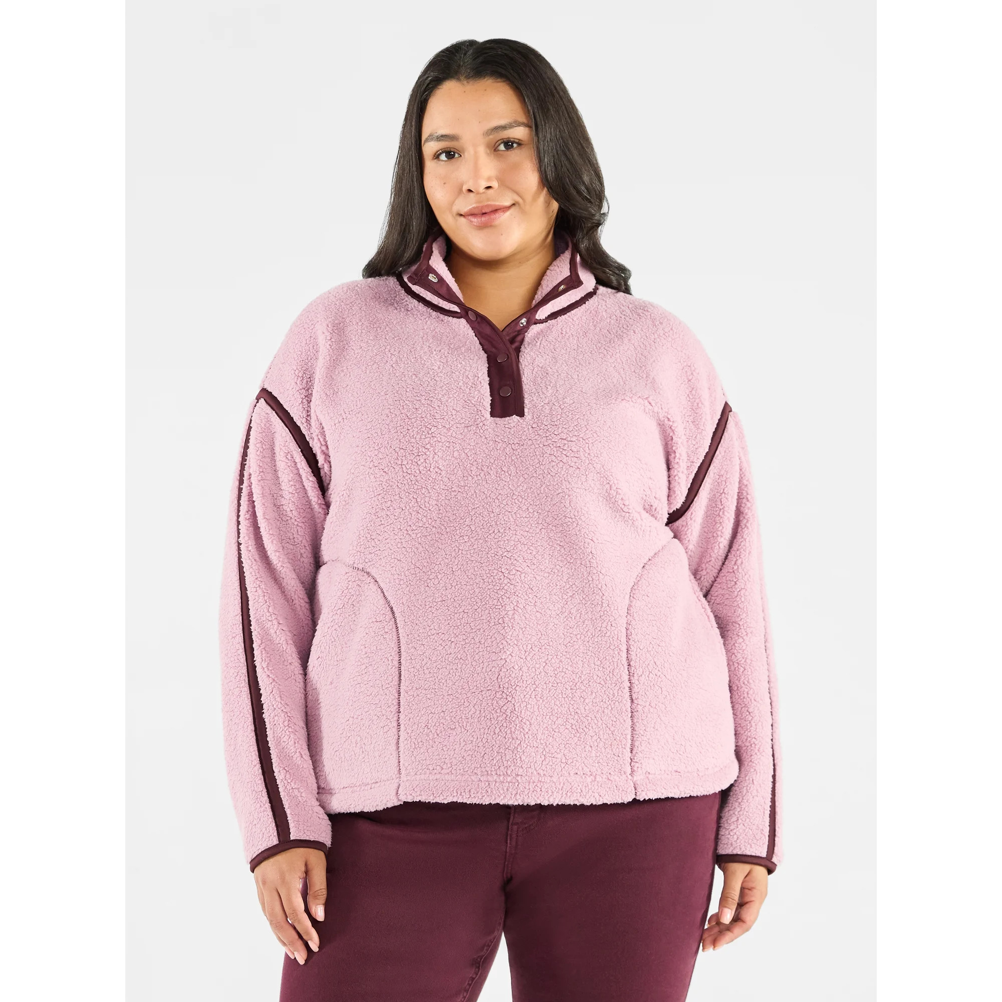 Terra & Sky Women's Plus Size Faux Shearling Quarter Snap Pullover, Sizes 0X-4X | Walmart (US)