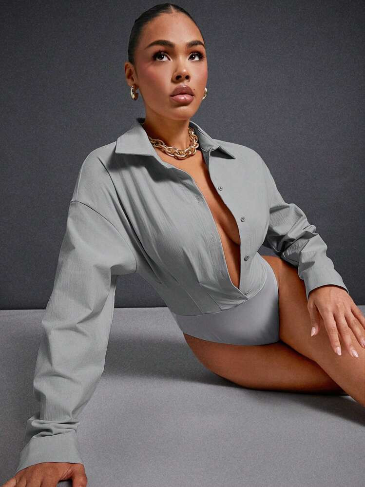 Hauture Button Down Collar Seam Detail Long Sleeve Bodysuit | SHEIN