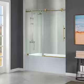 Nutley 60 in. x 62 in. Frameless Sliding Shower Door in Brushed Gold | The Home Depot