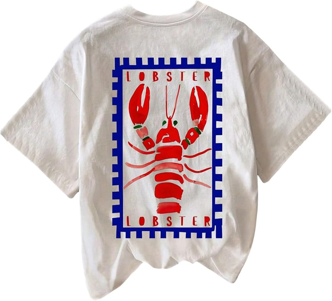 Verdusa Women's Summer Lobster Funny Shirts Drop Shoulder Graphic Tees Cute Shirts | Amazon (US)