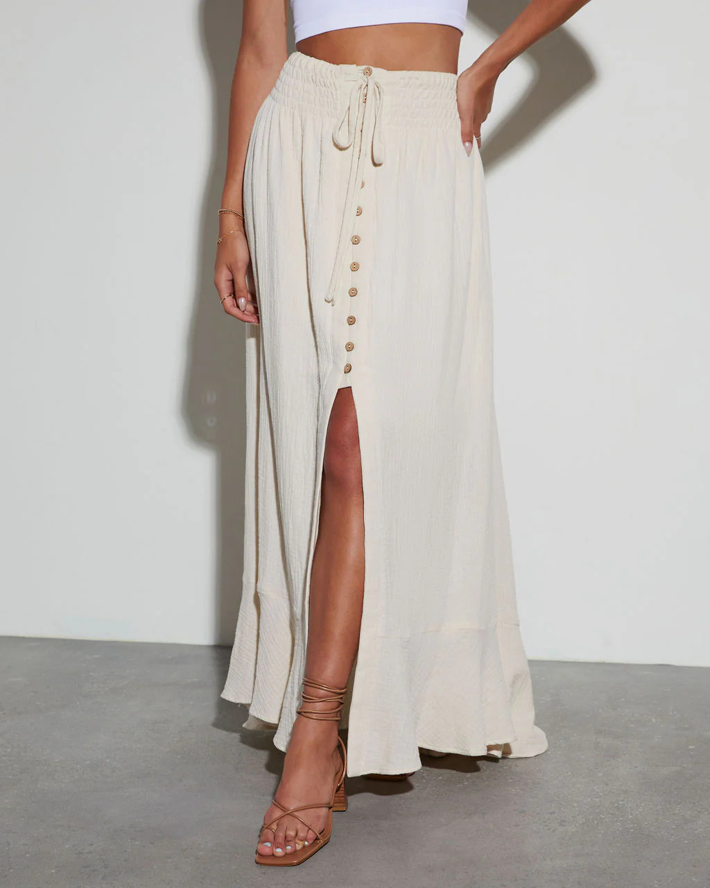 Serves Up Tie Waist Button Down Maxi Skirt | VICI