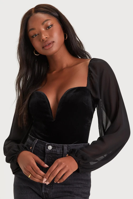 Chic Poise Black Velvet Notched Balloon Sleeve Bodysuit | Lulus (US)