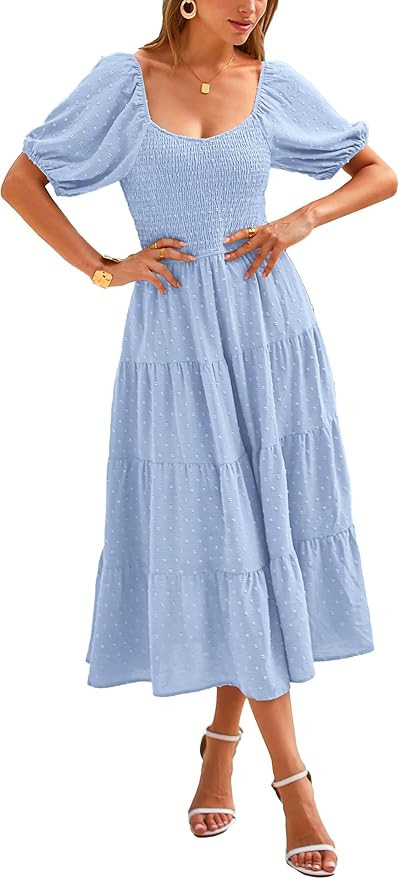 PRETTYGARDEN Women's Summer Casual Midi Dress Puff Sleeve Swiss Dot Long Flowy A Line Dresses | Amazon (US)