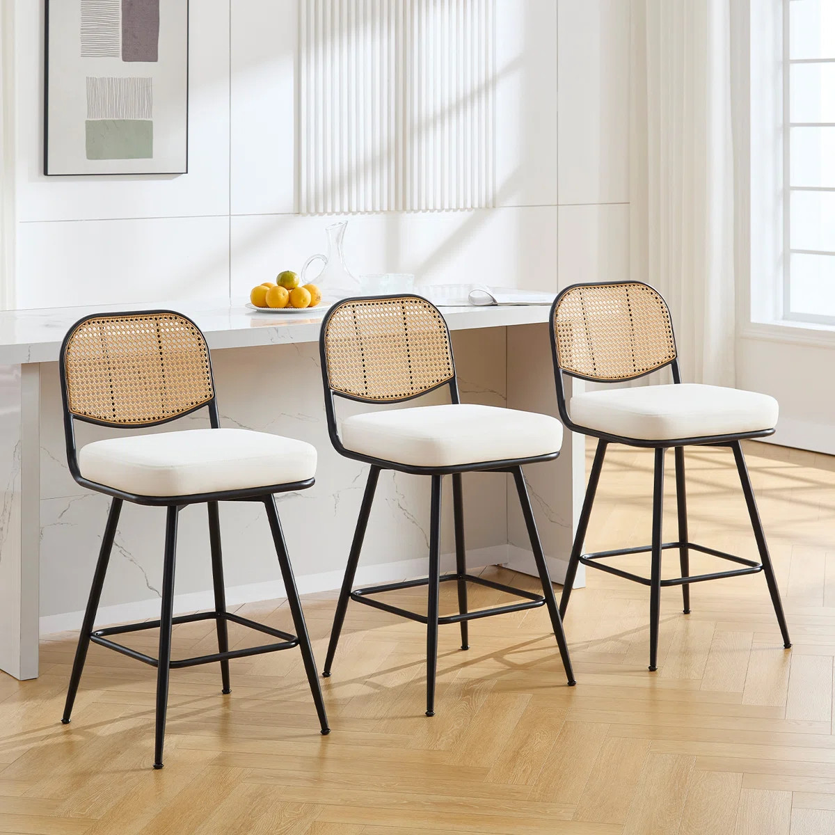 Upholstered Swivel Counter Stool With Rattan Backrest (Set of 3) | Wayfair North America