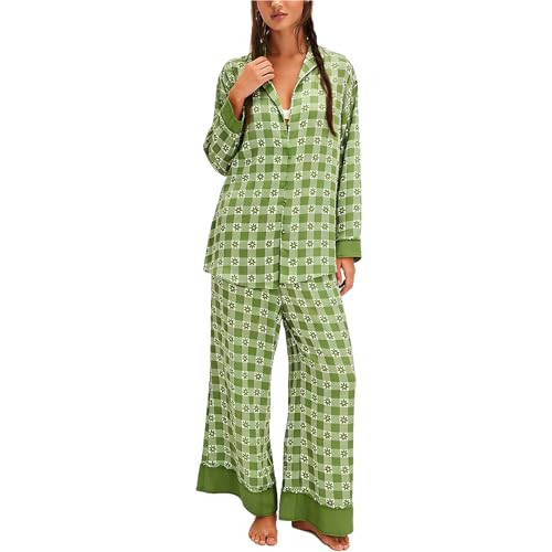 Women Satin Pajama Set Floral Silk Pajamas 2 Piece Lounge Sets Button Down Shirts Wide Leg Pants ... | Amazon (US)