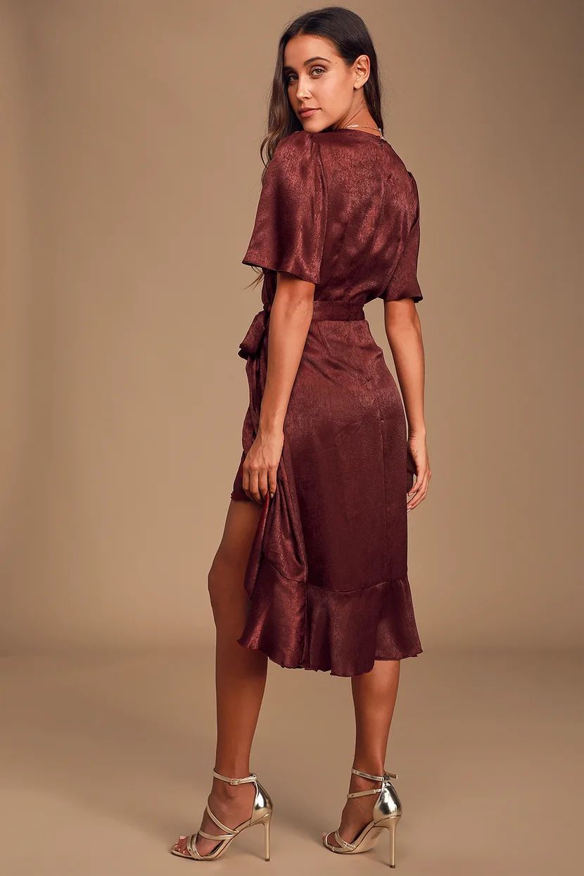 Wrapped Up In Love Burgundy Satin Faux-Wrap Midi Dress | Lulus (US)