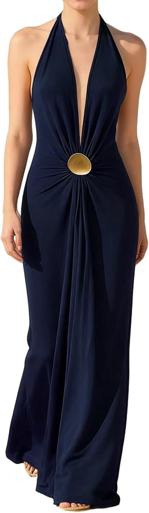 OYOANGLE Women's Halter Maxi Dress Sexy Backless Deep V Wedding Guest Vacation Beach Party Formal... | Amazon (US)