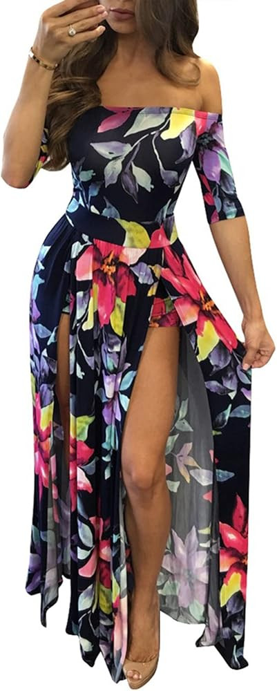 LKOUS Women's Floral Print Dresses, High Split Beach Hawaiian Long Dress,Swimwear Cover Ups Vacat... | Amazon (US)