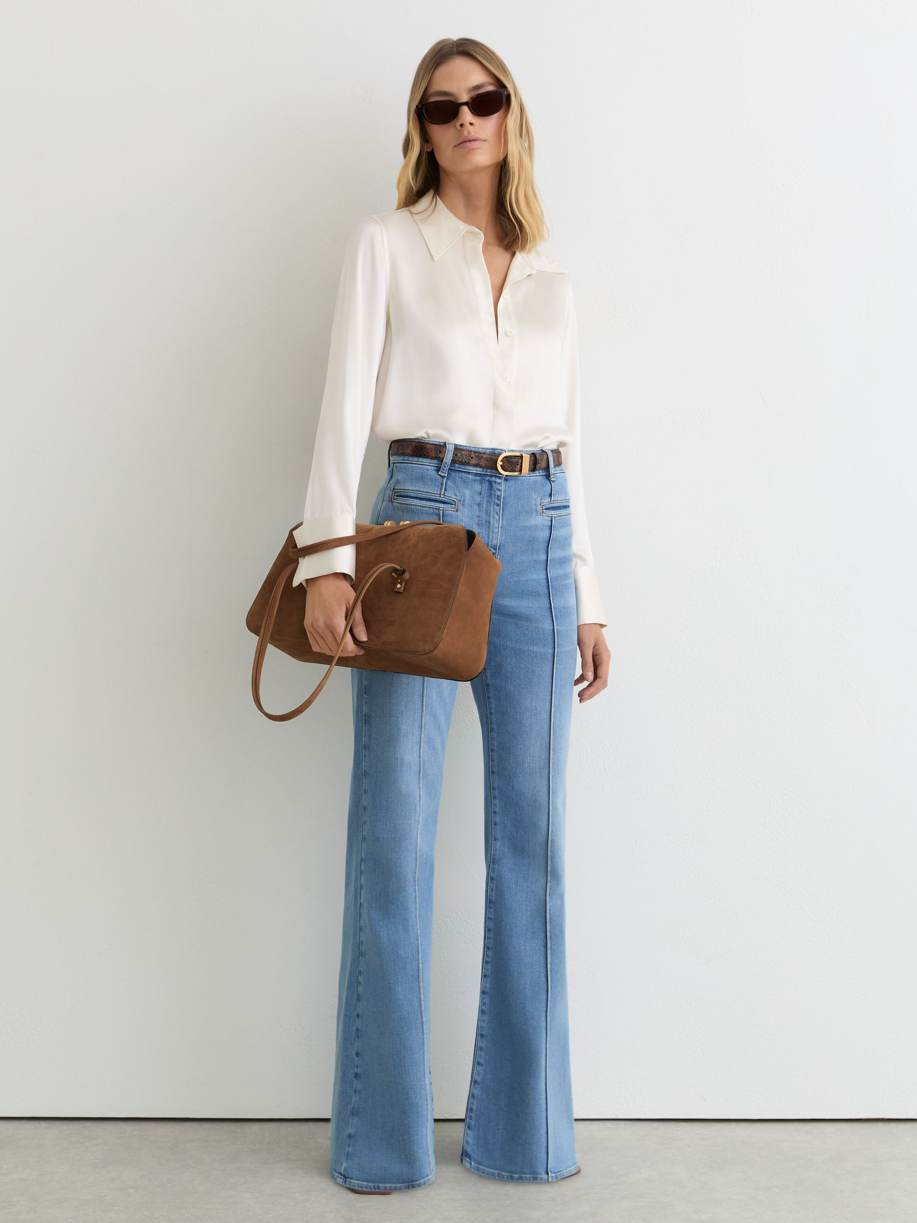 Silk-Satin Concealed-Placket Shirt in Ivory | Reiss UK