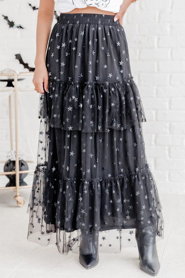 California Dreaming Black Star Tulle Maxi Skirt | Pink Lily