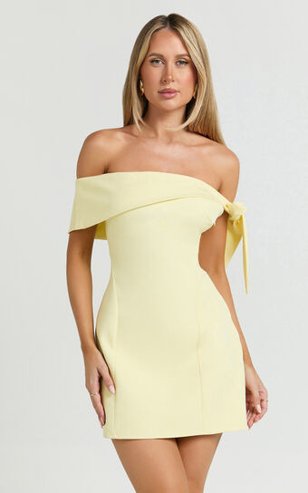 Cecilia Mini Dress - Off Shoulder Tie Detail Dress in Lemon | Showpo (ANZ)