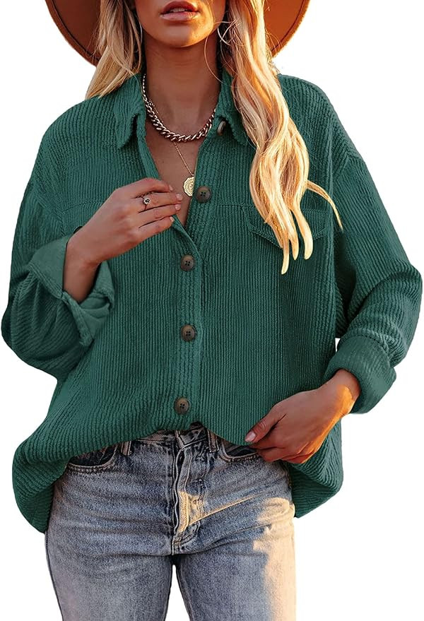 SHEWIN Womens Corduroy Long Sleeve Button Down Shirt Casual Collared Jacket Tops Shacket | Amazon (US)