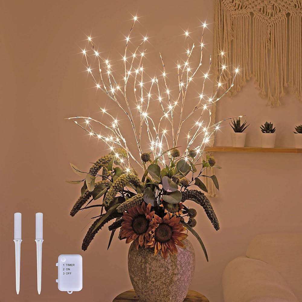 Lightshare Twins 32IN Lighted Artificial Twig Birch Tree Branch with 120 Mini LED Lights Battery ... | Amazon (US)
