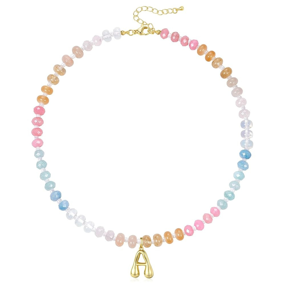KissYan Initial Necklaces for Women, Colorful Beaded Gemstone Choker 14K Gold Bubble Letter Penda... | Amazon (US)