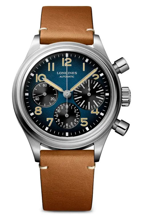 Longines Aviation BigEye Automatic Chronograph Leather Strap Watch, 41mm in Petroleum at Nordstrom | Nordstrom