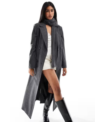 4th & Reckless tailored maxi formal coat with matching scarf in grey pinstripe | ASOS (Global)