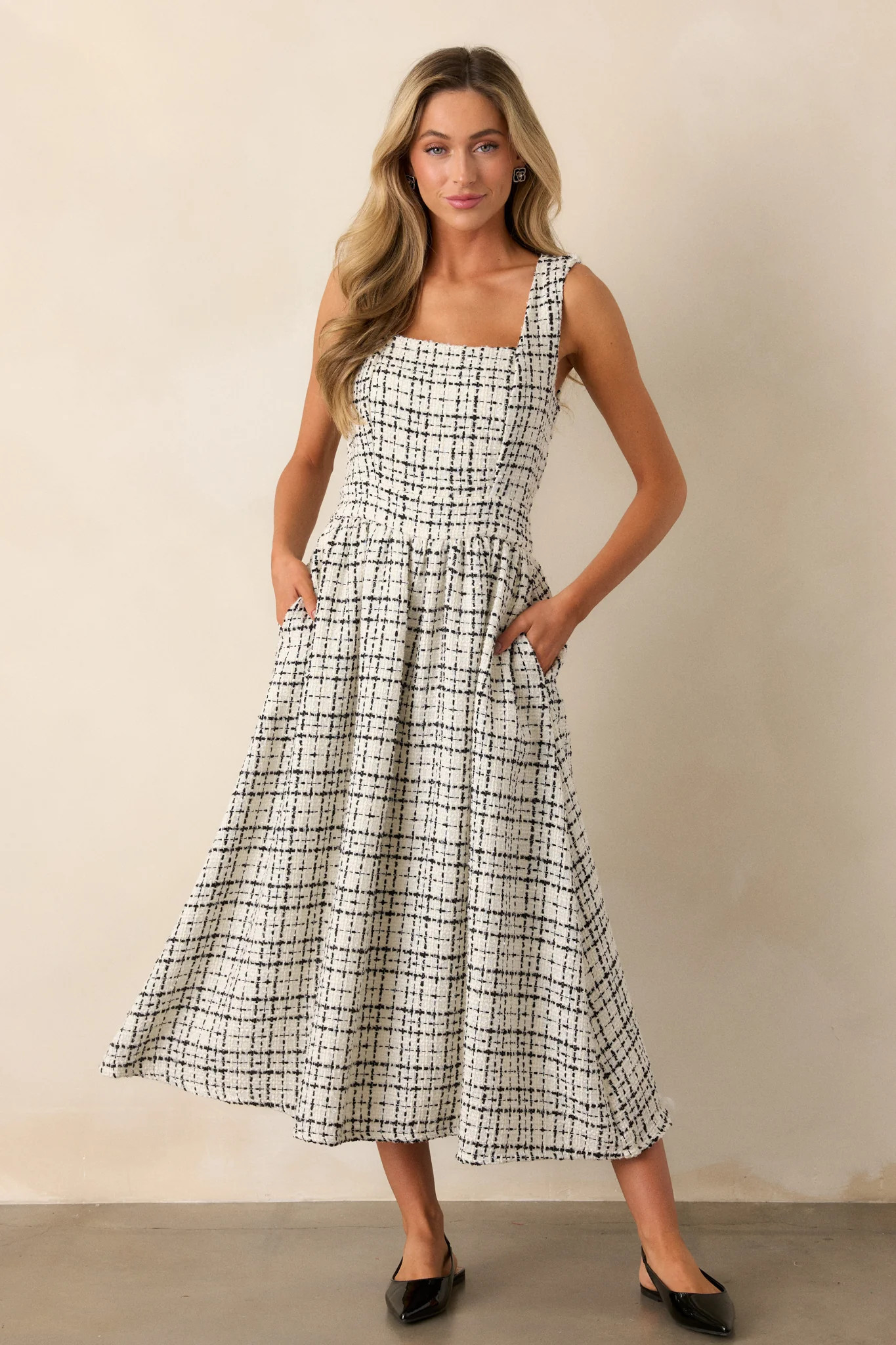 Runaway Hearts White & Black Tweed Midi Dress | Red Dress