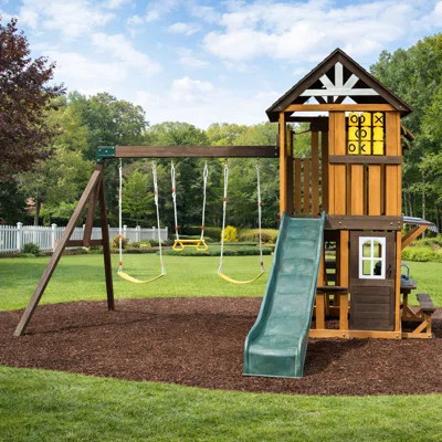 Extra Large Solid Wood Outdoor Swing Set With Slide And Rock Wall | Wayfair North America