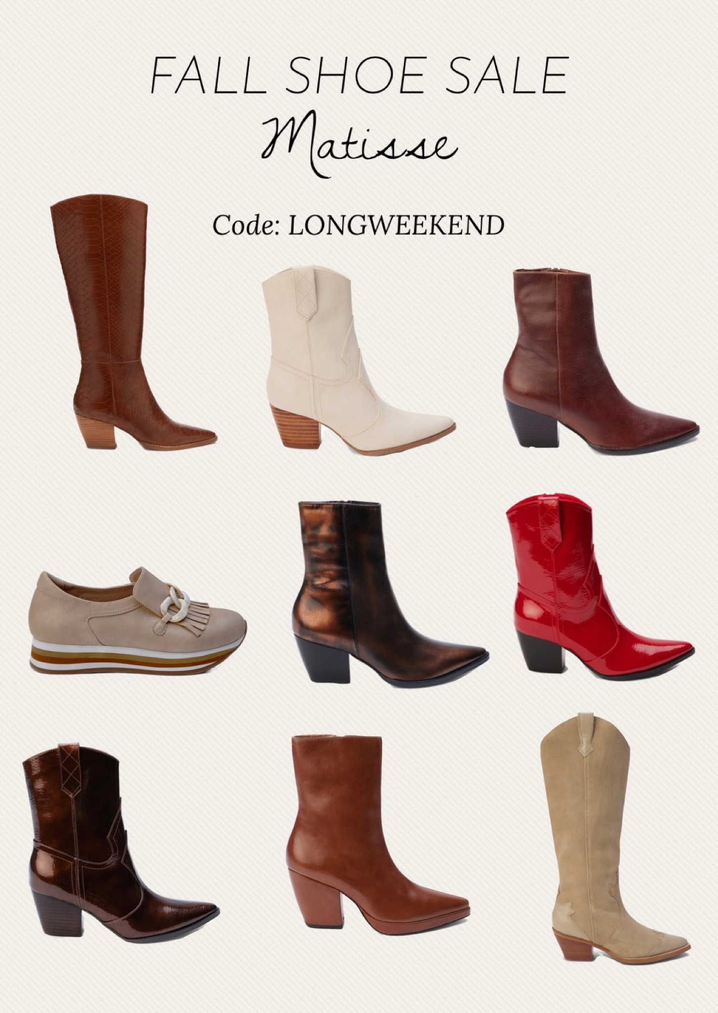 Fall shoe sale: Matisse. Use code: LONGWEEKEND 

#LTKshoecrush #LTKunder100 #LTKsalealert