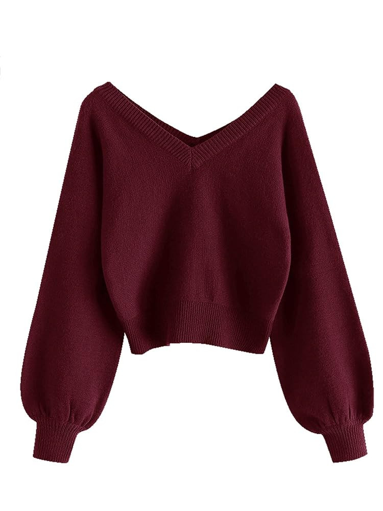 ZAFUL Women's Cropped Sweater V-Neck Long Sleeve Crop Sweater Pullover Jumper Knit Top | Amazon (US)