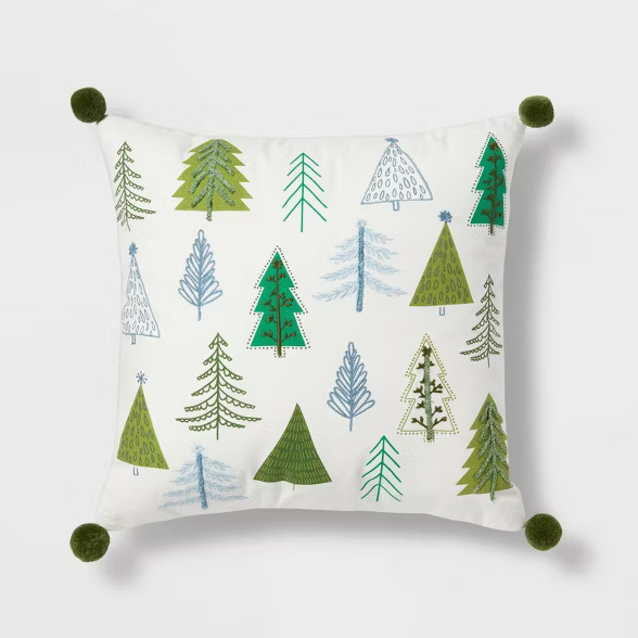 Printed and Embroidered Christmas Tree Square Throw Pillow with Pom Poms Cream - Wondershop™... | Target