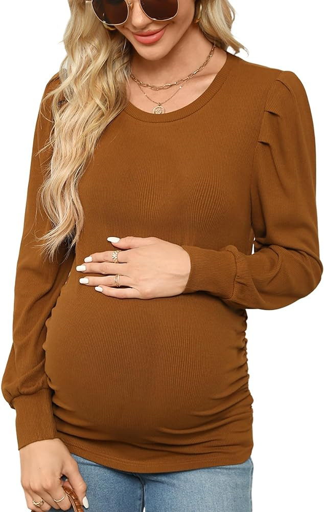 Onedreamer Women's Maternity Shirts Puff Sleeve Round Neck Tunic Top Casual Pregnancy Clothes | Amazon (US)