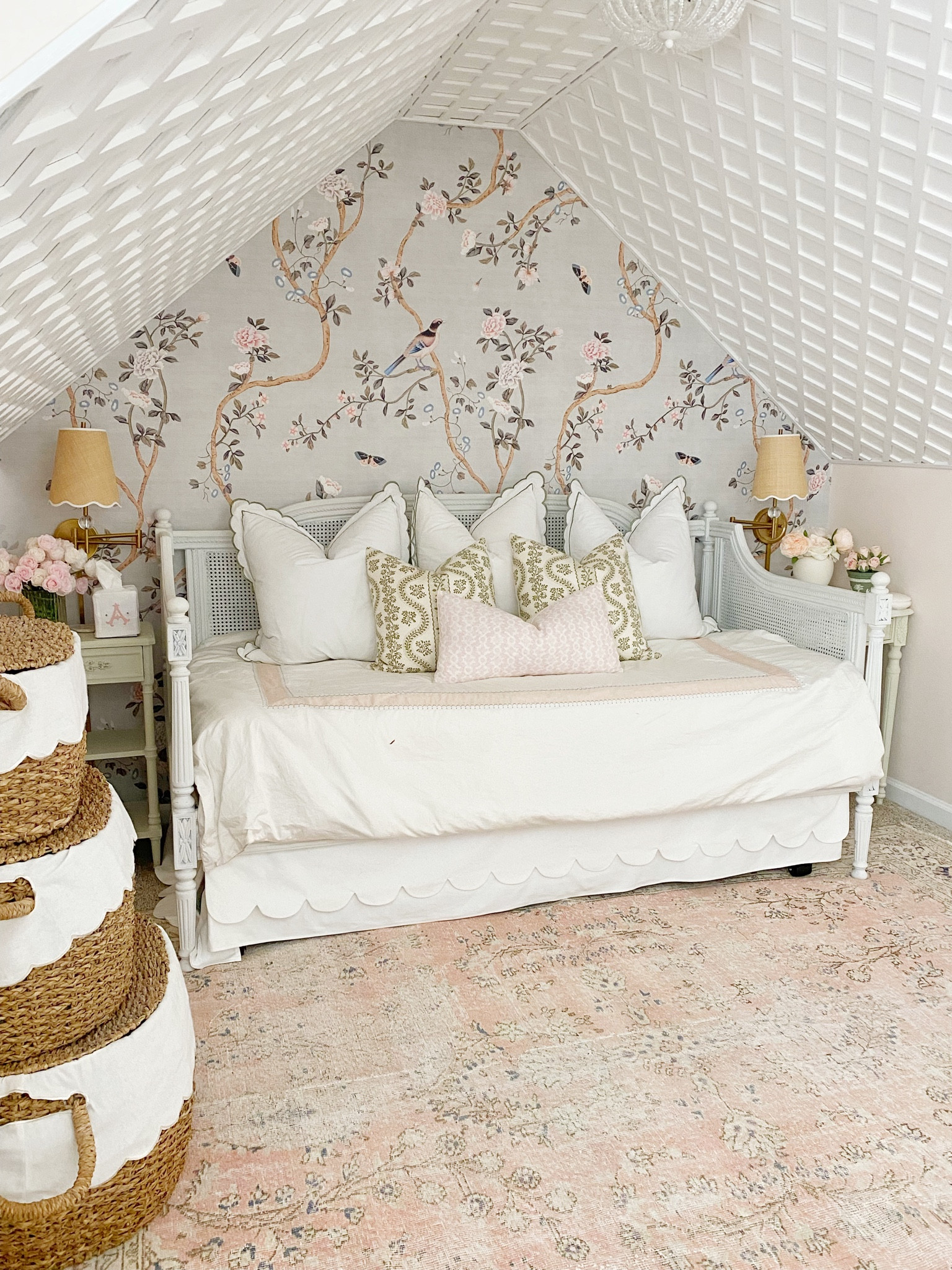 Sale on the scalloped bed skirt and pillow shams. I’ll link everything, just click blue link in bio and head to my LTK. 






#thefifthwall #treillage #trellis #trellishomedecor #latticework #latticeceiling #grandmillennialbedroom #chinoiseriewallpaper #peelandstick #peelandstickwallpaper #pinkbedroom #nurserydesign #nurseryideas #littlegirlsroom #pinkhome #pinkhomedecor #daybed #canefurniture #toystorage #ballarddesigns #bedroompillows #sisterparishdesign #potterybarnkids #moniquelhuillier 

#LTKsalealert #LTKhome