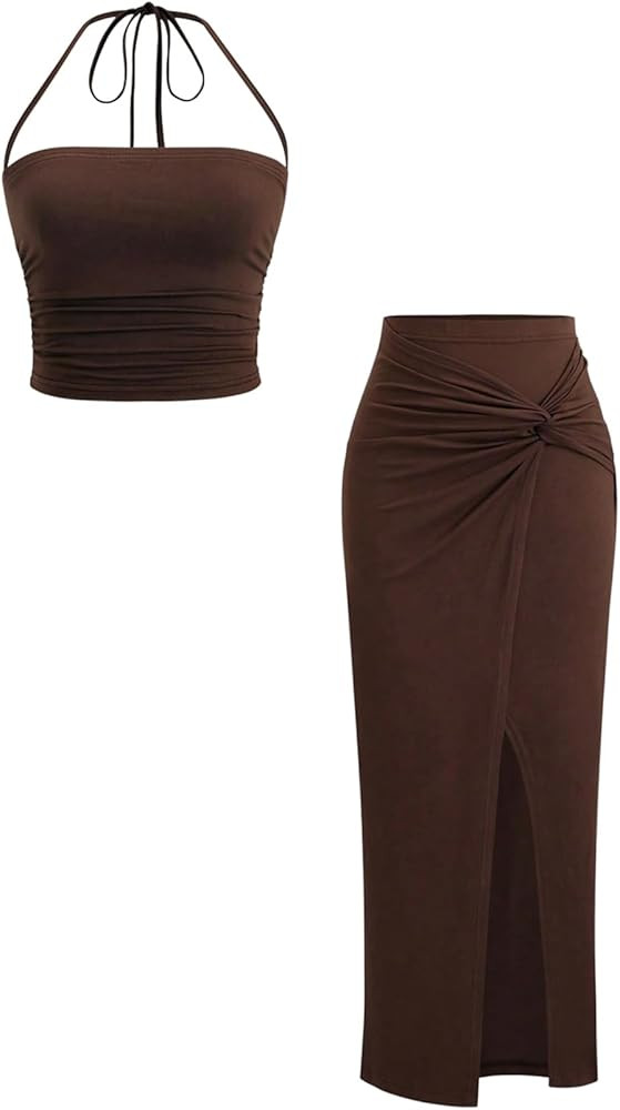 Verdusa Women's 2 Piece Outfits Ruched Crop Halter Top with Slit Bodycon Long Skirt Y2k Clothing ... | Amazon (US)