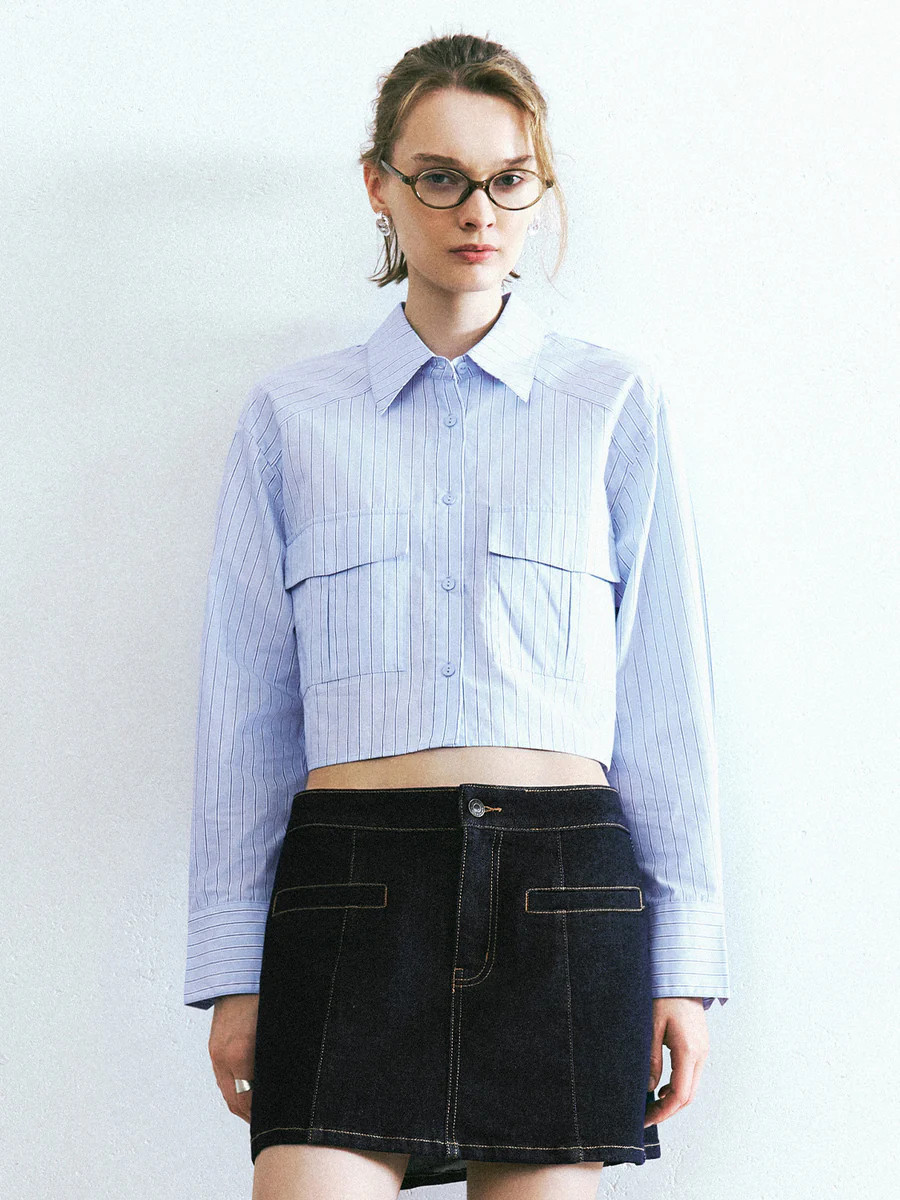 Cropped Striped Button Up Shirt | Urban Revivo