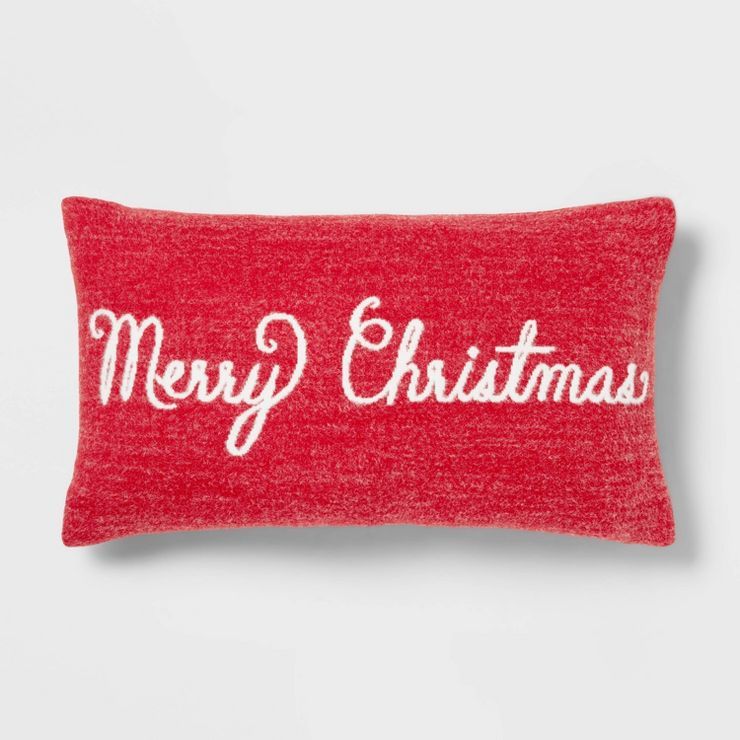 Oversized Knit Jacquard 'Merry Christmas' Lumbar Christmas Throw Pillow Red - Threshold™ | Target