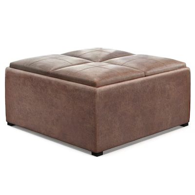 Simpli Home  Avalon Modern Distressed Umber Brown Faux Leather Storage Ottoman | Lowe's