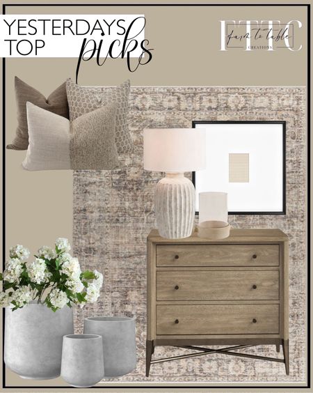 Yesterday’s Top Picks. Follow @farmtotablecreations on Instagram for more inspiration.

Becki Owens x Livabliss Marlene Vintage Dark Brown Area Rug. Regan Metal Nightstand. Anders Tall Terra Cotta Table Lamp. 21.49" x 21.49" Matted to 5" x 7" Gallery Single Image Frame Black - Threshold designed with Studio McGee. Kante 15.3"+11.6"+8.2" Dia Round Concrete Planter, Large Outdoor Indoor Planter Pots Containers with Drainage Holes and Rubber Plug for Home Garden Patio, Natural Concrete. 25" Faux Snowball Flower in Cream/Green, Real Touch Flowers. Brook Pillow Cover Set. 



#LTKSaleAlert #LTKFindsUnder50 #LTKHome