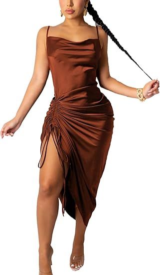 nqgsntc Women's Sleeveless Spaghetti Strap Cowl Neck Satin Wrinkle Dress Cocktail Beach Evening P... | Amazon (US)