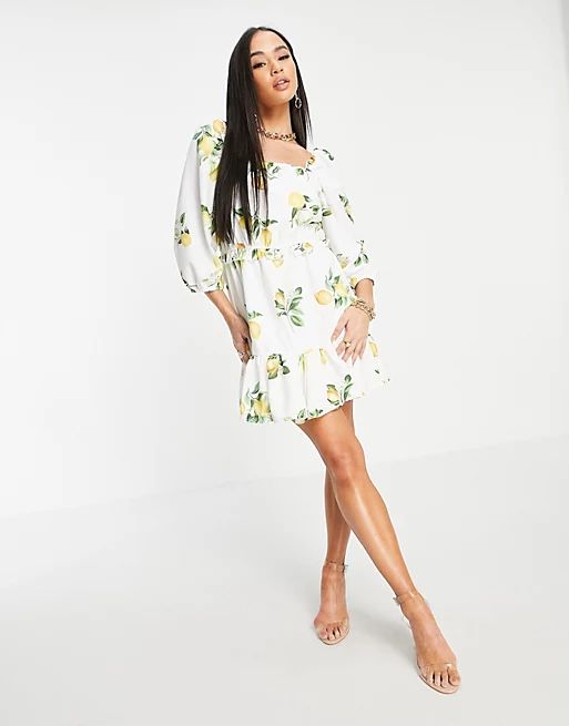 In The Style x Stacey Solomon puff sleeve ruched mini smock dress in summer lemon print | ASOS (Global)