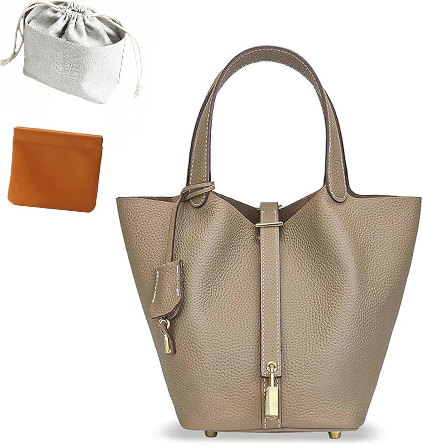 Genuine Leather Lock Design Bucket Bag for Women, Vegetable Basket Fashionable Versatile Handbag ... | Amazon (US)