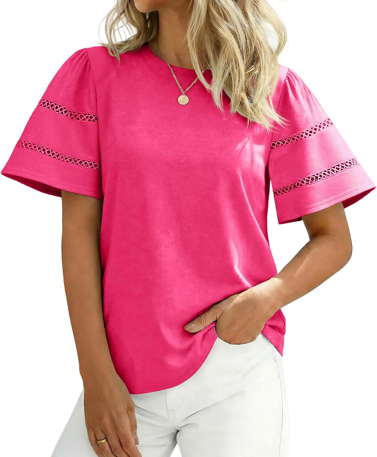Tankaneo Womens Eyelet Short Sleeve Tops Crewneck Tunics | Amazon (US)