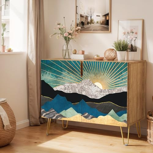 SIGNWIN Sideboard Buffet Cabinet, Kitchen Storage Cabinet with 2 Doors, Gold Marble Sunshine Mountain, Cupboard Console Table for Dining Room - 35" L x 18" W x 29" H | Amazon (US)