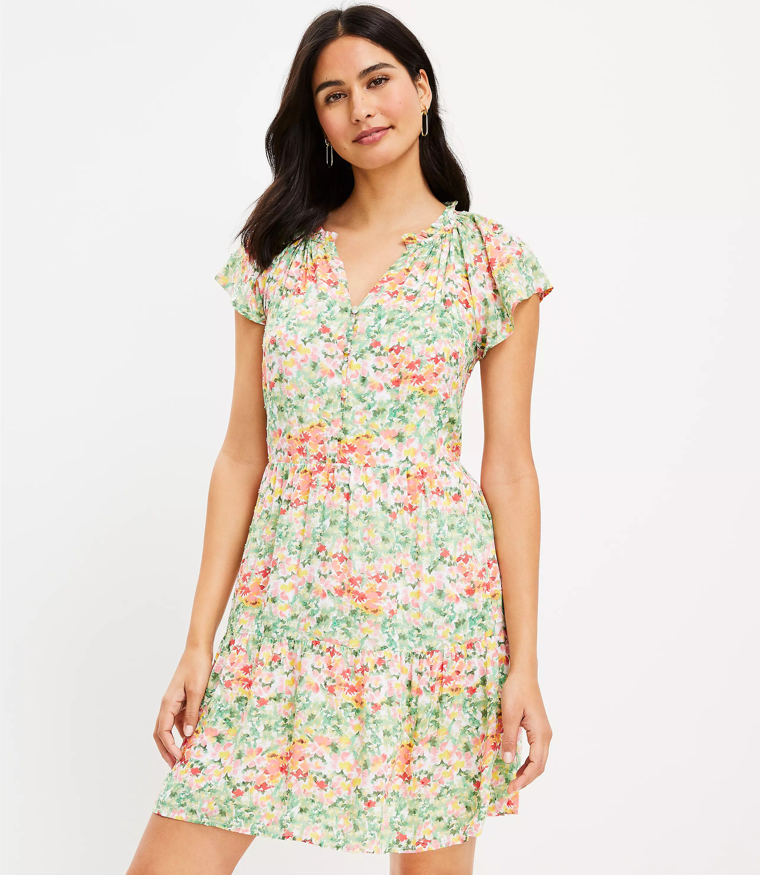 Buttercup Floral Tie Neck Tiered Swing Dress | LOFT