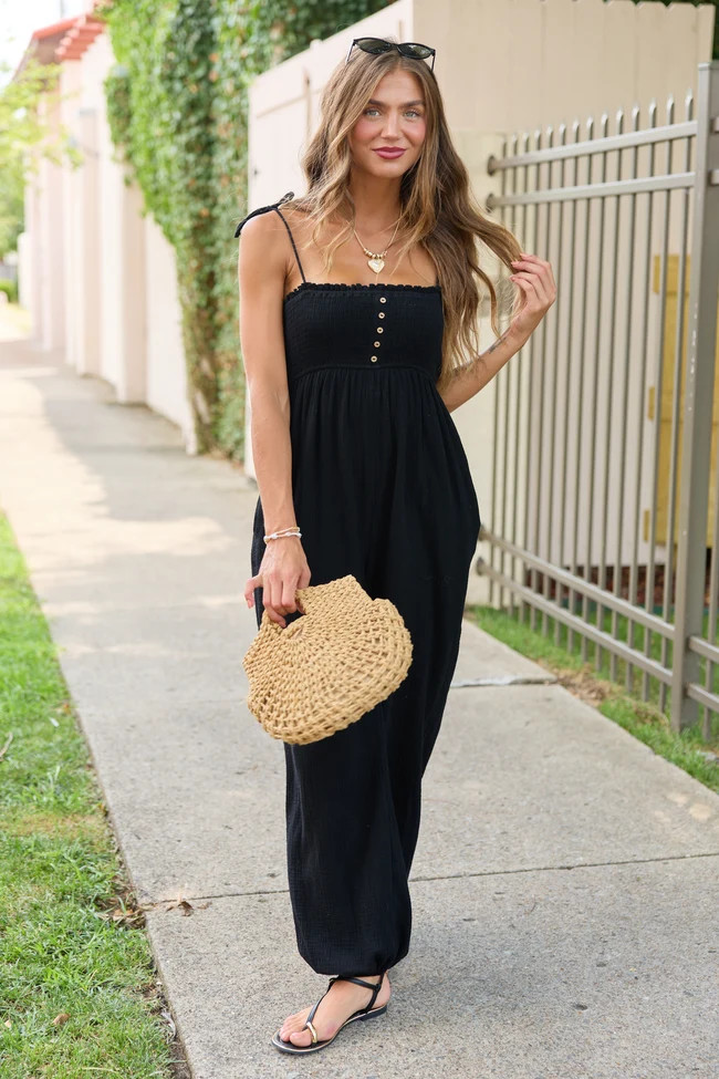 All Around Town Black Gauze Jumpsuit | Pink Lily