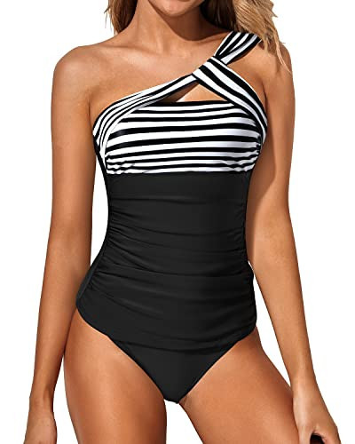 Tempt Me Stripe Black Two Piece Tankini Bathing Suits for Women One Shoulder Swim Top with Bottom Plus Size Swimsuits 18W | Amazon (US)