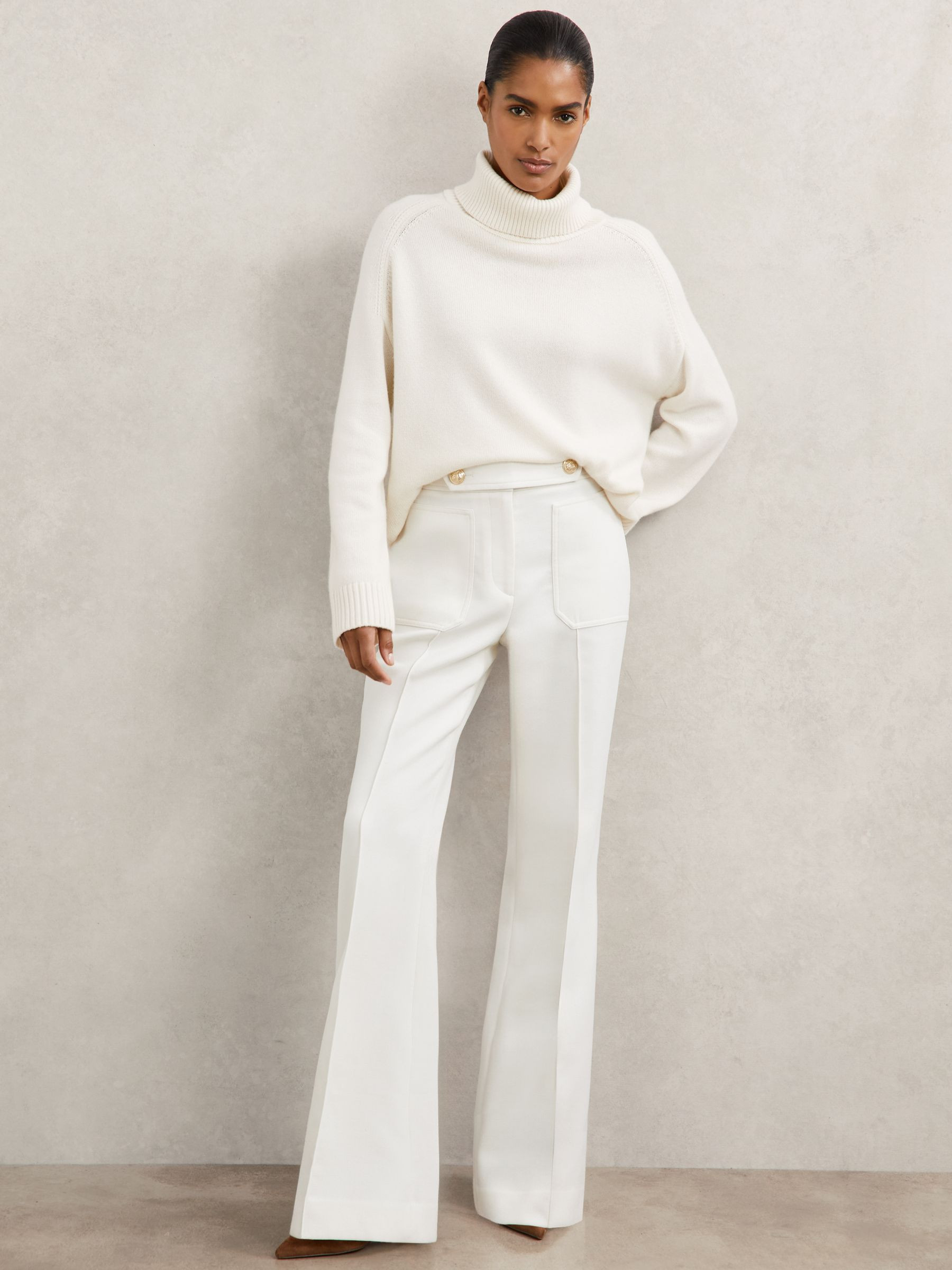 Reiss Petite Twill Button-Tab Flared Trousers With Wool in White - REISS | Reiss UK