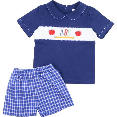Navy Plaid Seersucker Smocked ABC Short Set - Shipping Late July | Cecil and Lou