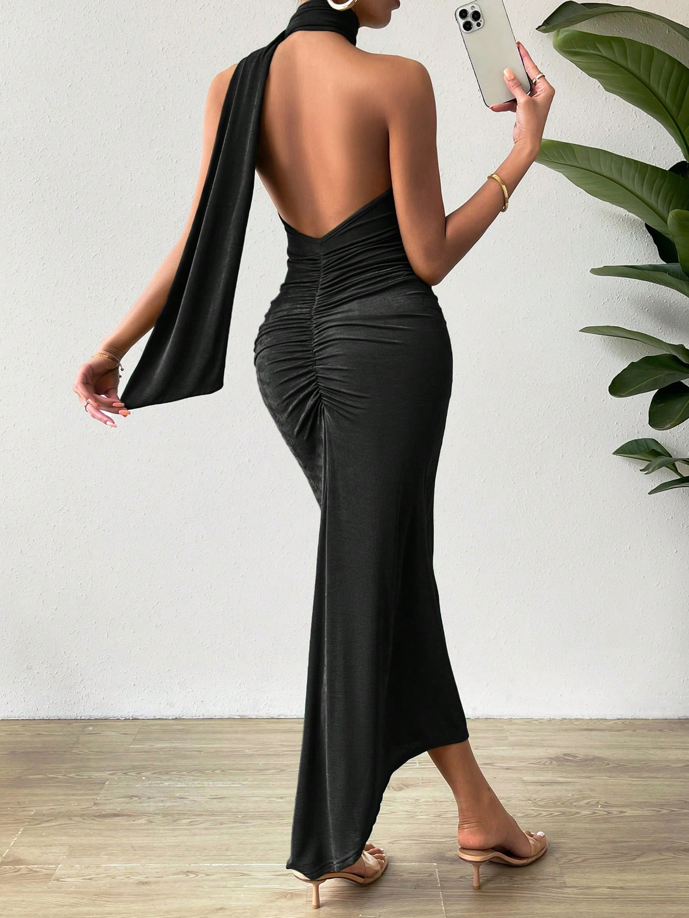 SHEIN Privé Ruched Backless Halter Neck Dress | SHEIN