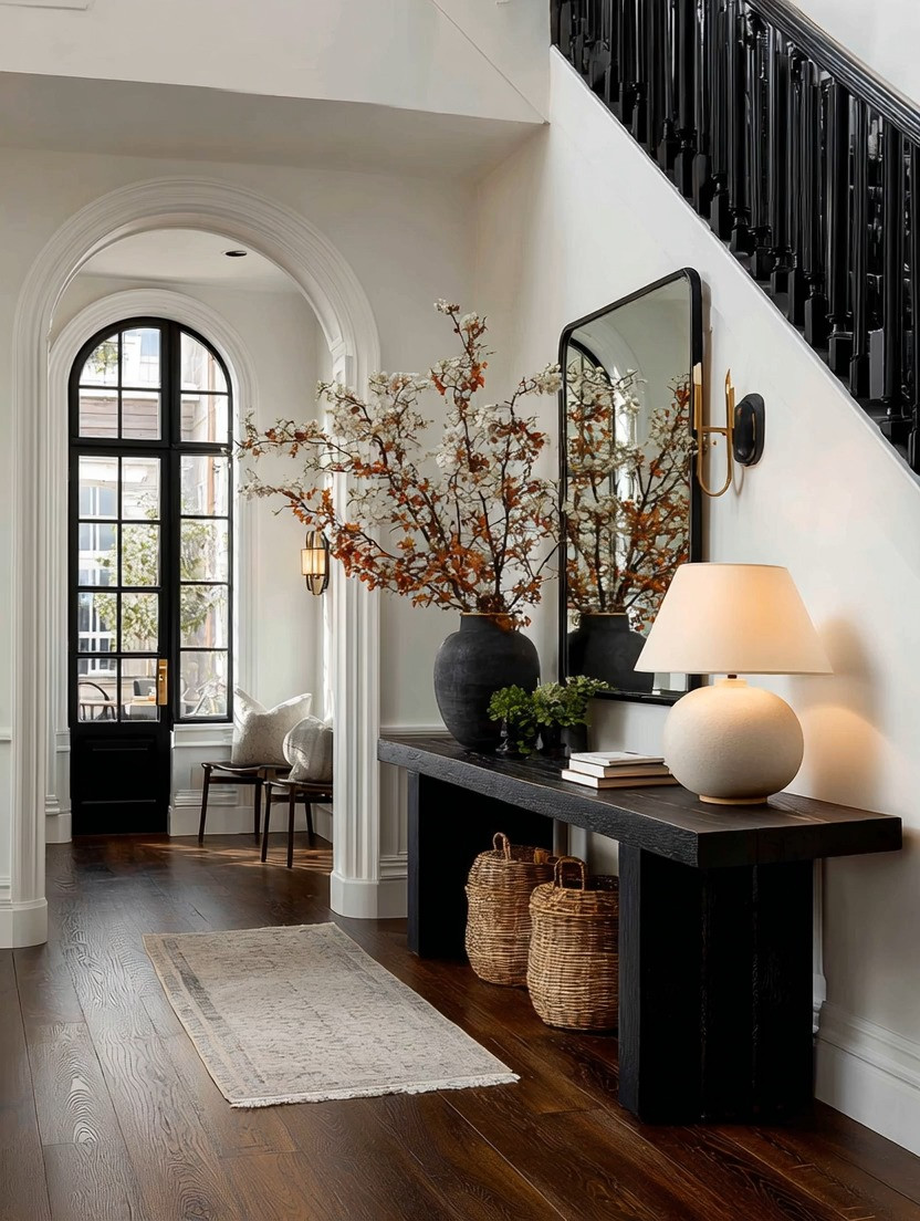 Modern New York apartment meets California warmth.

That’s this look.

A bold black console table grounds the space with city confidence. An ivory sculptural lamp softens it. A black-framed mirror adds height, reflection, and architectural edge.

The formula is simple:

Black for structure

Ivory for warmth

Natural textures (wood floors, woven baskets, branches) for balance

It’s clean. It’s bold. It’s warm without trying too hard.

This is how you create a refined entryway that feels elevated but still inviting.

#ModernEntryway #NYCStyle #CaliforniaWarmth #UnderstatedLuxury 

 #LTKHome