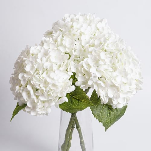 3 Pcs White Hydrangea Artificial Flowers 21" Realistic Latex Faux Hydrangeas Flowers Real Touch Full Heads, Lifelike Long Stem & Leaves for Wedding Outdoor Table Centerpieces Home Party Decoration | Amazon (US)
