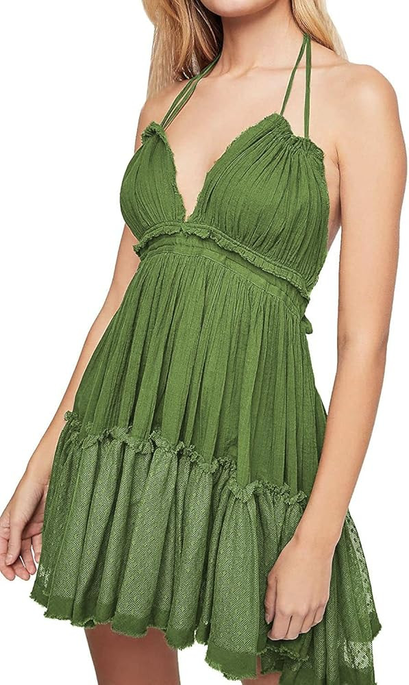 ForeMode Summer Deep V Neck Bohemian Women Mini Short Dress Backless Beach Boho Dress | Amazon (US)