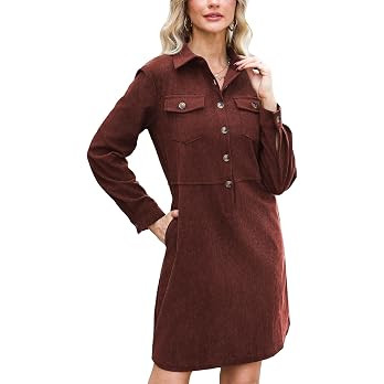 Women’s Corduroy Shirt Dress Long Sleeve Button Down Lapel Collar Midi Shift Tunic Dress with P... | Amazon (US)
