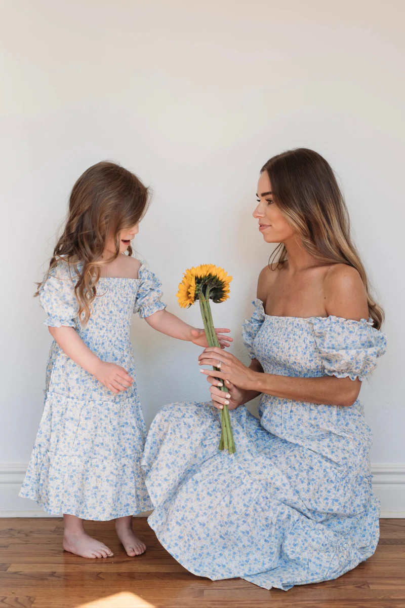 Lucky Timing Girls Blue Floral Puff Sleeve Midi Dress | Pink Lily