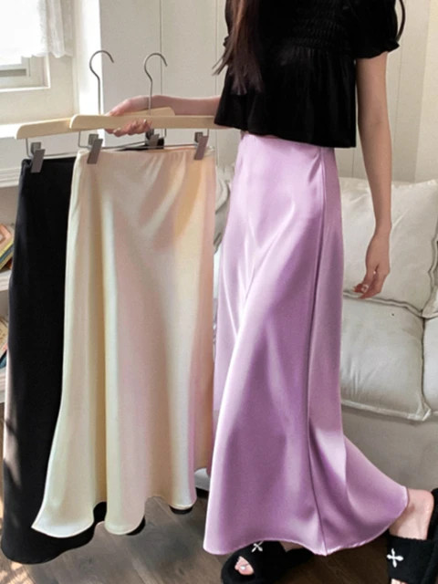 Saia longa linha A cetim de seda cintura alta feminina, monocromática, roxa, elegante, lady fash... | Aliexpress BR (BR)