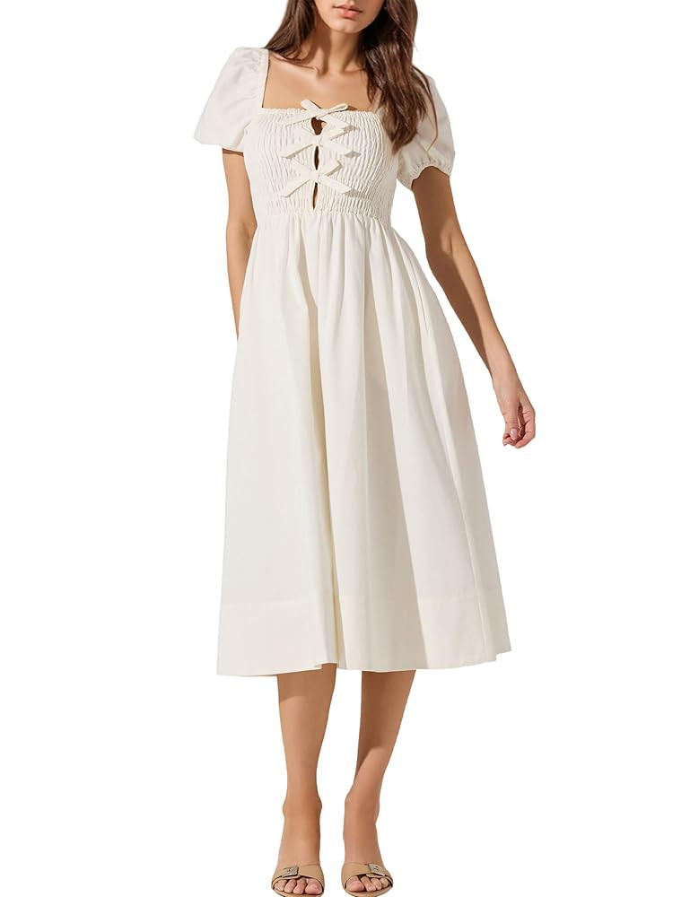Women Bow Short Puff Sleeve Midi Dress Square Neck Backless Sundress Swing Vintage Summer Dresses... | Amazon (US)